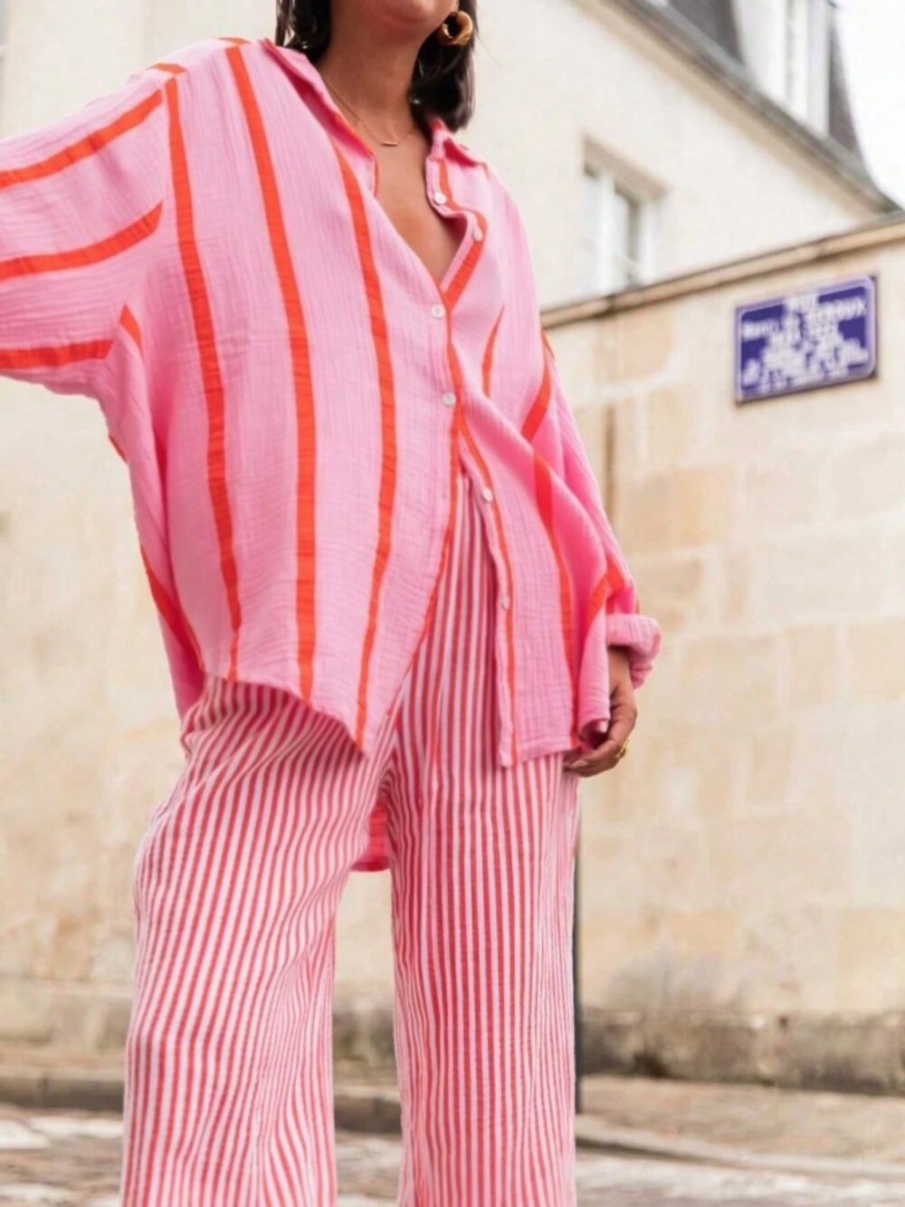 Pink / Red Women's Casual Striped Oversized Button-Up Resort Vacation Shirt